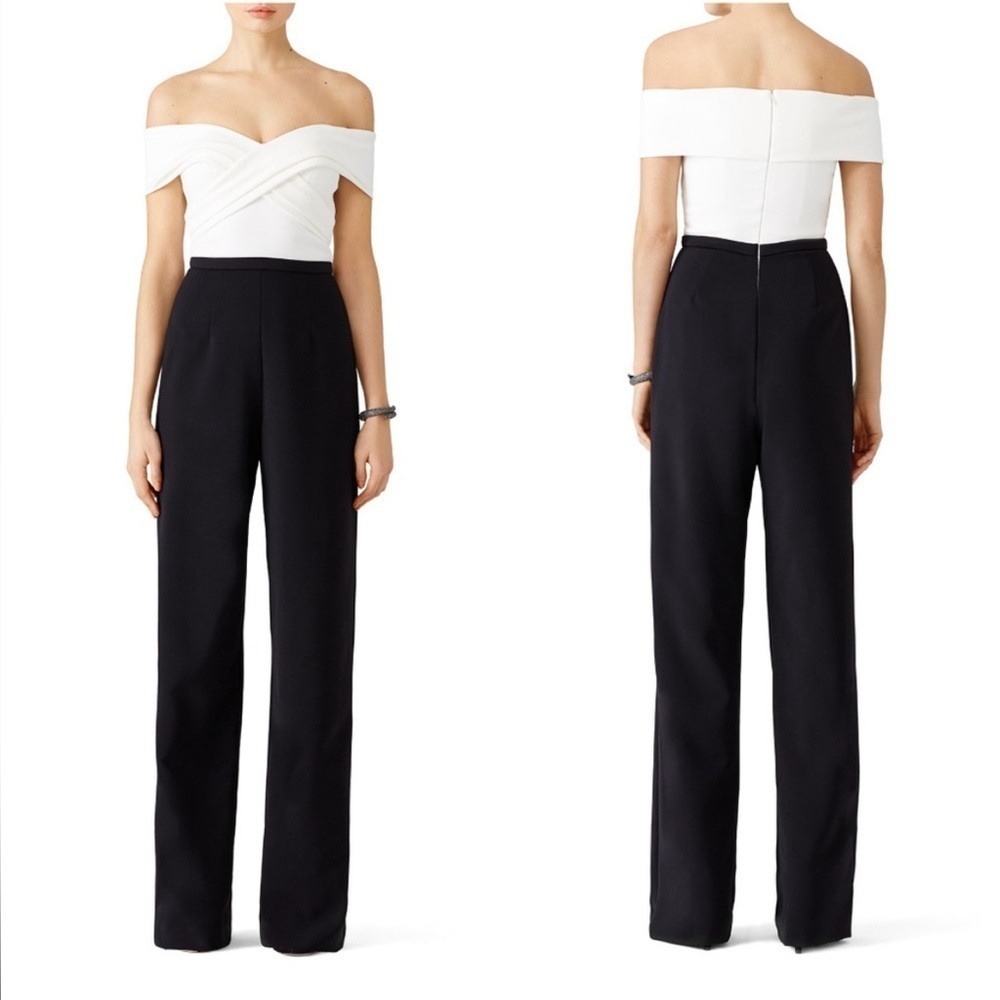 NWT Theia Black/Ivory Crisscross Off the Shoulder Color Block Jumpsuit Size 10